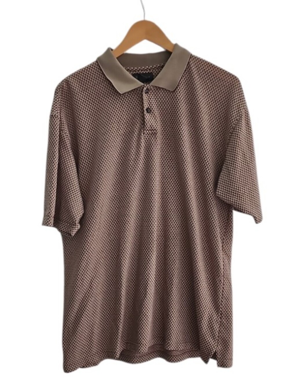 Van Heusen Geometric Polo Shirt Men L Burgundy Tan Retro Golf Casual Resortwear
